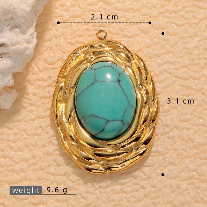 European Retro Turquoise Geometric Oval Pendant - Stainless & Titanium Steel Jewelry for Women