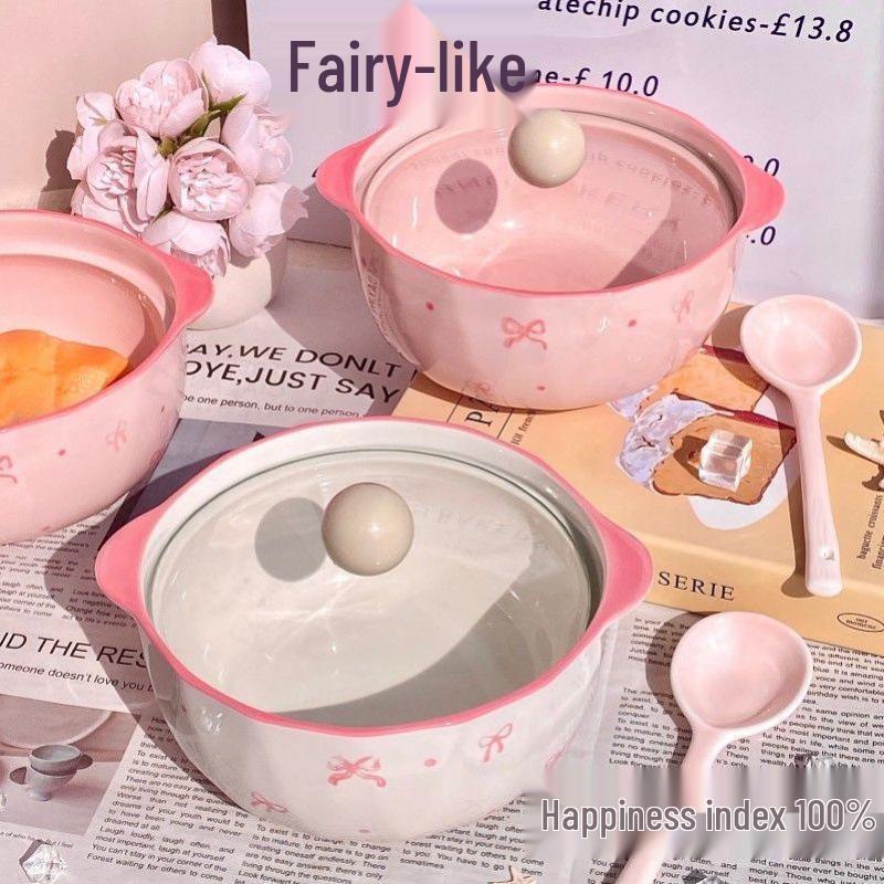 High-Value Ceramic Noodle Bowl with Lid: Super Fairy, Bowknot Design, High-Temperature Resistant, Perfect for Instant Noodles and Rice.