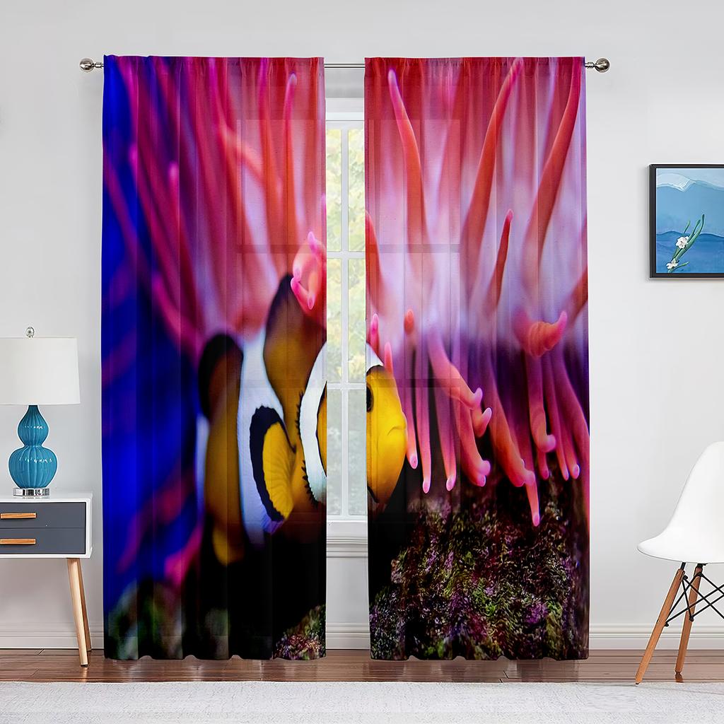 Ocean Underwater World Tulle Voile Curtains Tropical Fishes Shark Coral In The Deep Sea Sheer Curtain for Living Room Bedroom