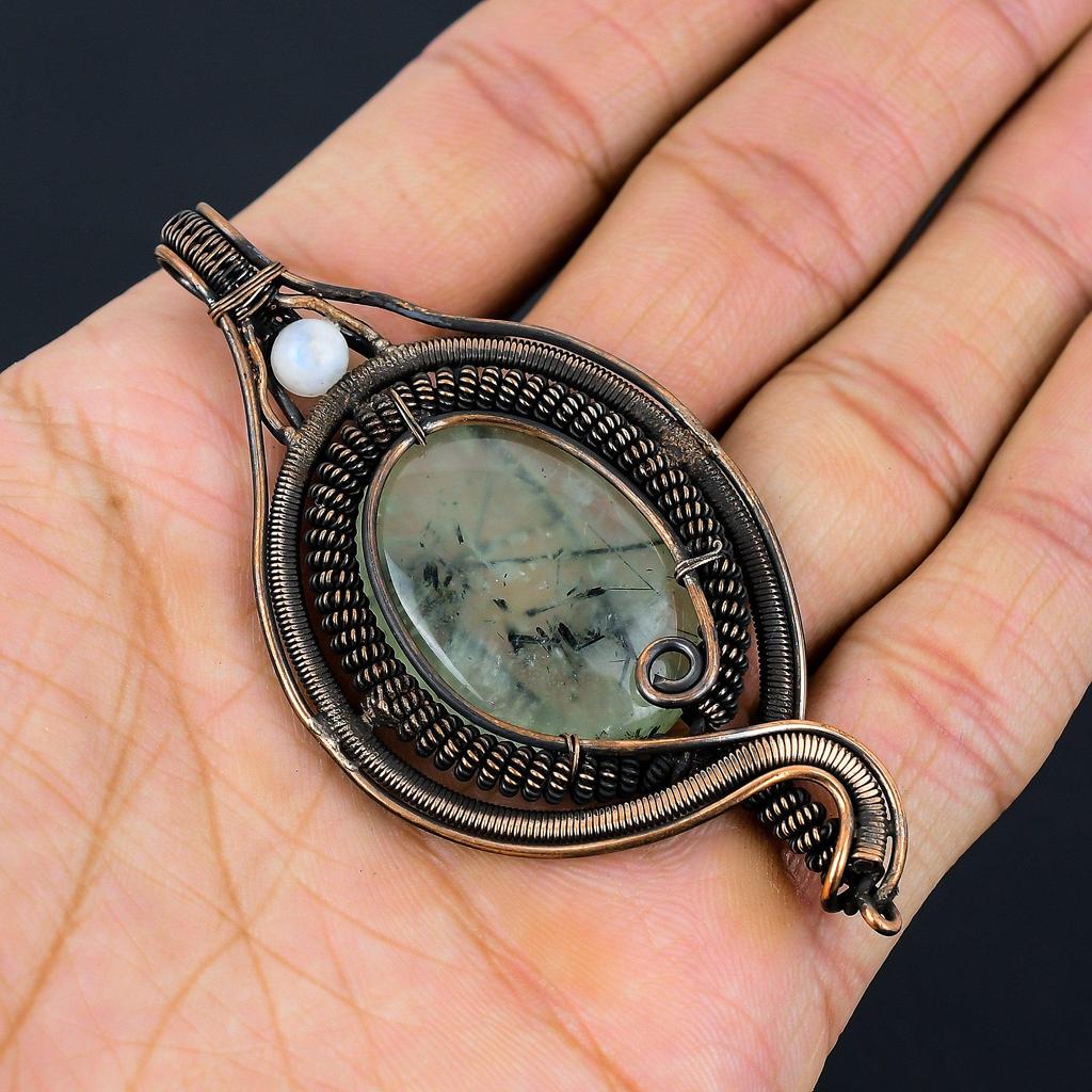 Prehnite, Moonstone Gemstone Pure Copper Wire Wrapped Designer Handmade Pendant Jewelry Gift