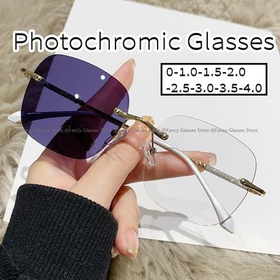 Damskie okulary przeciwsłoneczne bez oprawek fotochromowe męskie damskie luksusowe okulary do bliskiego widzenia modne okulary krótkowzroczne zmieniające kolor anty-UV