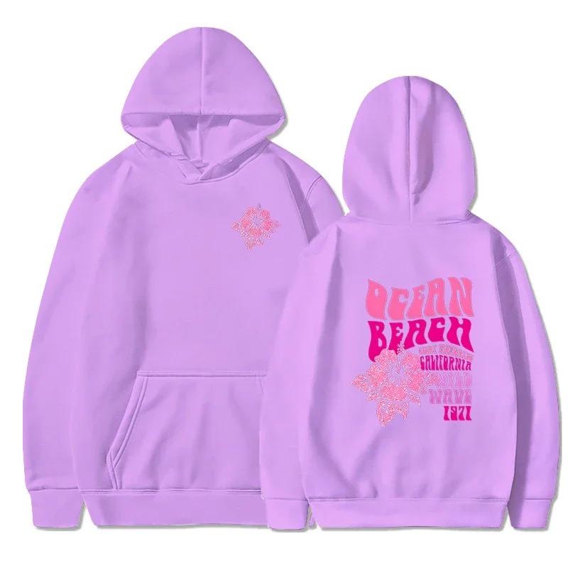 Women Fashion Casual Hoodies Ocean Beach Flower Slogan Front Back Pink Sweatshirts Beach Aesthetic Pullover Hoodie Trip Tops