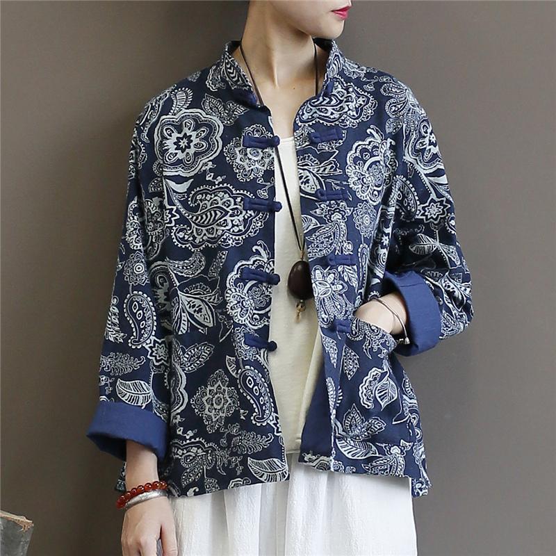 Johnature Camisas de Mujer Blusas Vintage Otoño Cuello Alto Manga Larga Tops con Botones Camisa China de Mujer