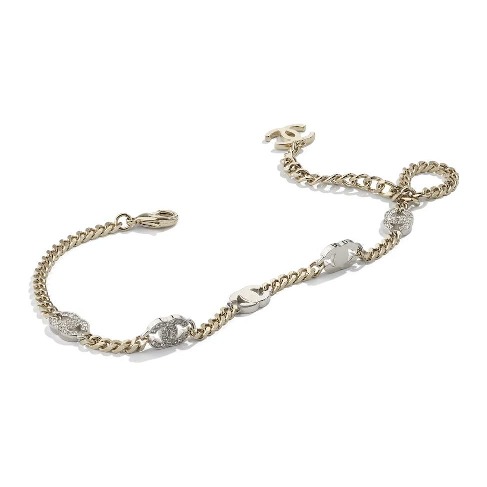 Chanel Classic Double C Logo Metal Rhinestone Choker Necklace Women Necklace Gold AB6444-B06011-NC835