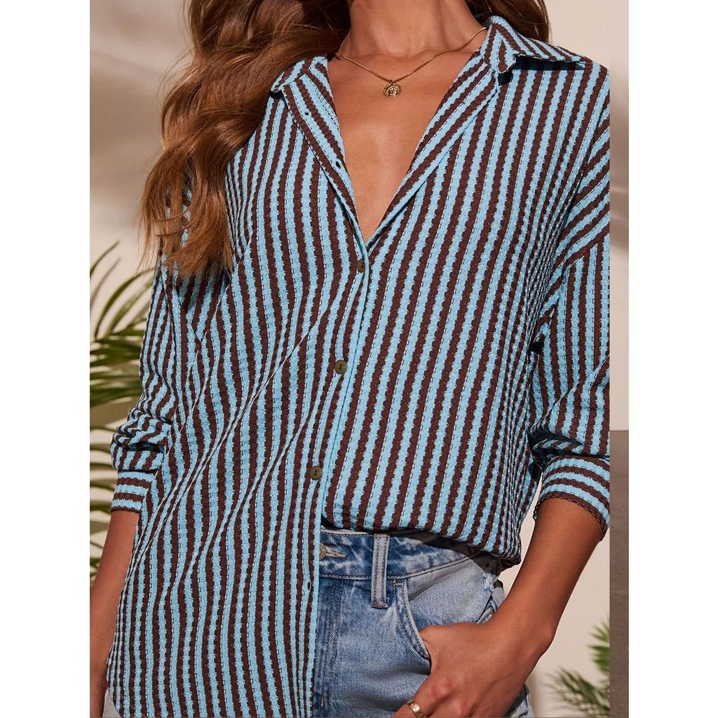 Women's Casual Loose Vertical Striped Long Sleeve Shirt, Fashion European American Style Holiday Blouse Top