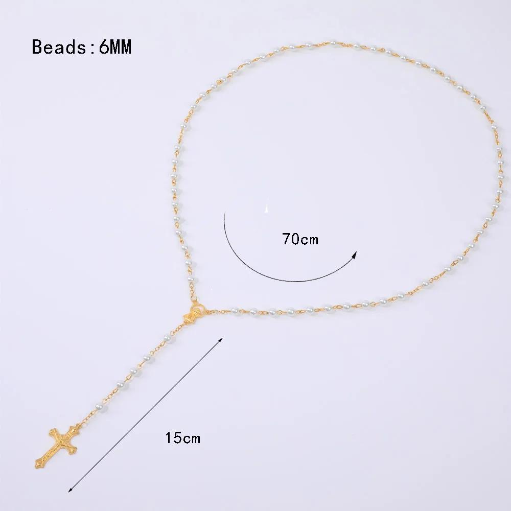 Religieuze Rozenkrans Ketting Voor Vrouwen 6MM Witte Imitatie Parels Lange Ketting Kruisbeeld Kruis Hanger Gebed Feest Sieraden Cadeau