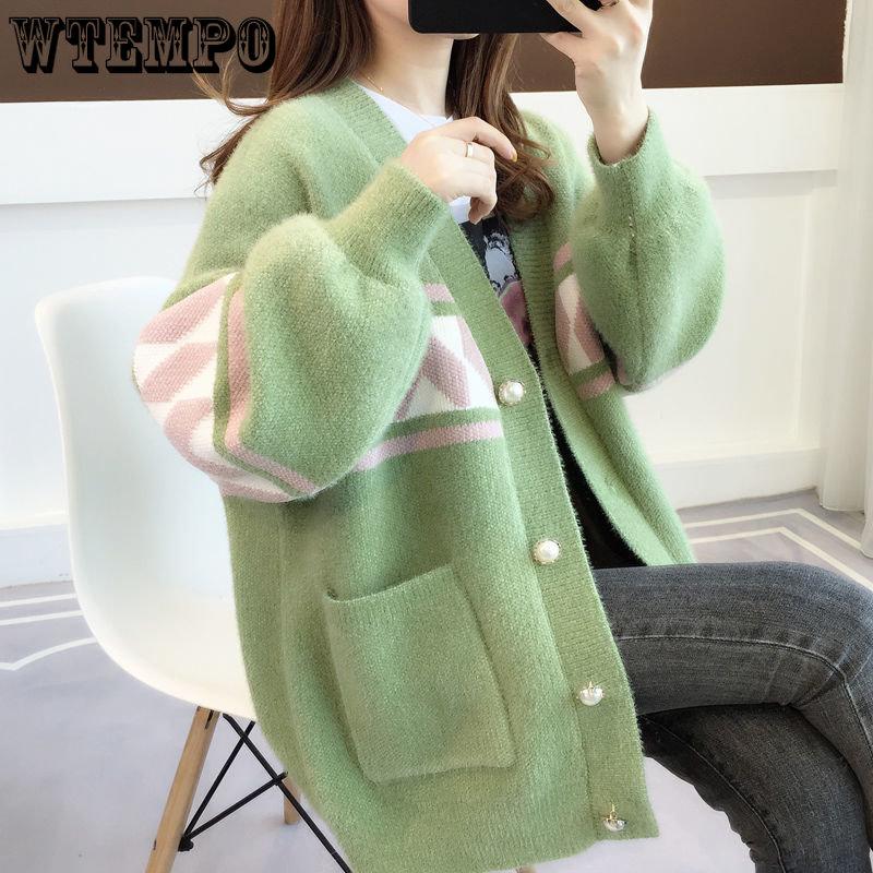 Autumn Winter Knitted Leopard Sweaters Women Korean V Neck Thick Print Cardigan Coat Loose Button Outwear