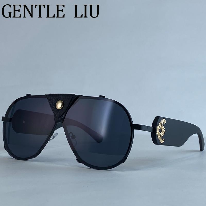 Steampunk Oversized Vintage Pilot Sunglasses Women 2026 Luxury Brand Oval Shield Eyewear Goggle Shades Driving Leather Sunglass