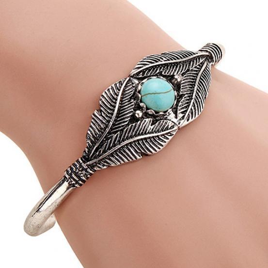 Retro Kvinnor Bead Leaf Feather Alloy Open End Cuff Armring Boho Etniska Smycken