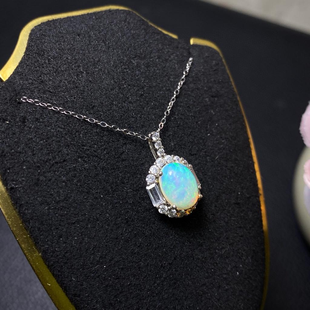 High Quality Gemstone Jewelry  Natural Opal 925 Sterling Silver Oval Cut Halo Opal Women's Pendant Necklace