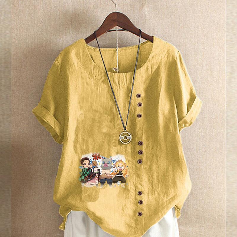 Women's Fashion Round Neck Short Sleeve T-shirt Casual Cotton Linen Graphic Shirt Leisure Loose Cartoon Characters Prined Summer Blouse Tops