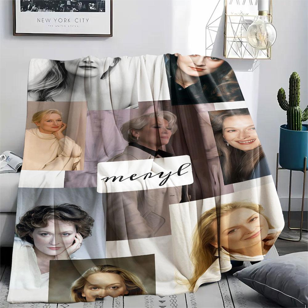 Meryl Streep Printed Flannel Blanket, soft throw for bedroom sofa, washable, fan merchandise, great gift.
