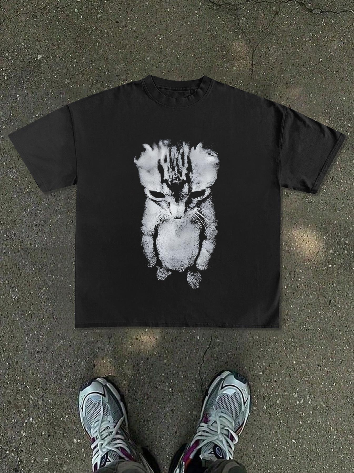 

2026 Summer Men s Black and White Halftone Cat Print Tshirt Cotton Casual Stylish Streetwear Oversized Suitable for Any Occasion S разноцветный
