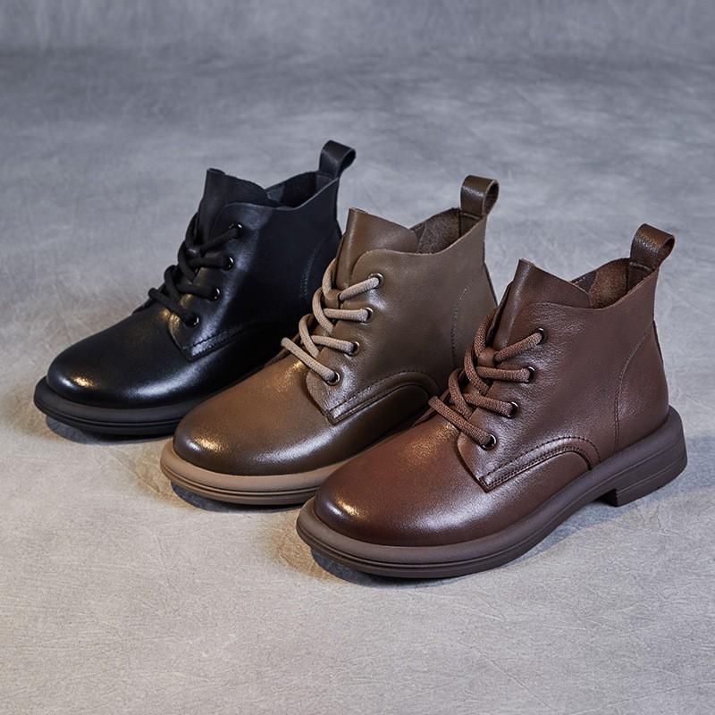 Johnature Botas de couro genuíno estilo britânico com cadarço e sola macia, botas curtas, sapatos femininos de cor sólida