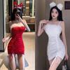 Early Autumn Sexy Women's Clothing Straps Drawstring Mao Mao Splicing Christmas Dress Autumn and Winter Festive Red Suspender Skirt