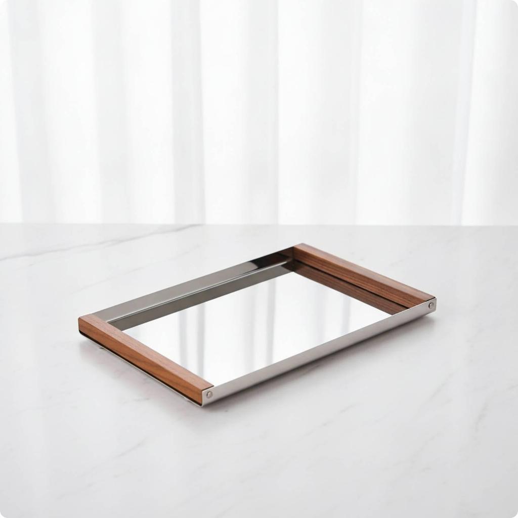 Stainless Steel Tray with Wood Handles Rectangular Serving for Hosts, Coffee