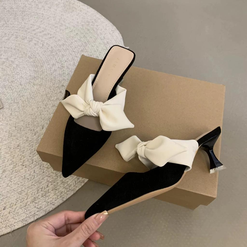 Summer Women Pointed Toe High Heels Sandals Bowknot Fashion Flower Woman Shoes Slingback Woman Slippers