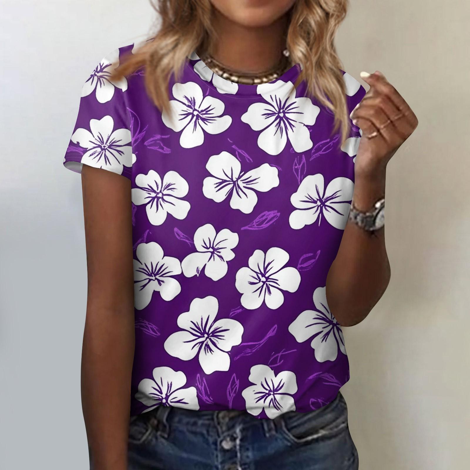 

Женская модная повседневная блузка с круглым вырезом и короткими рукавами с цветочным принтом XL фиолетовый
