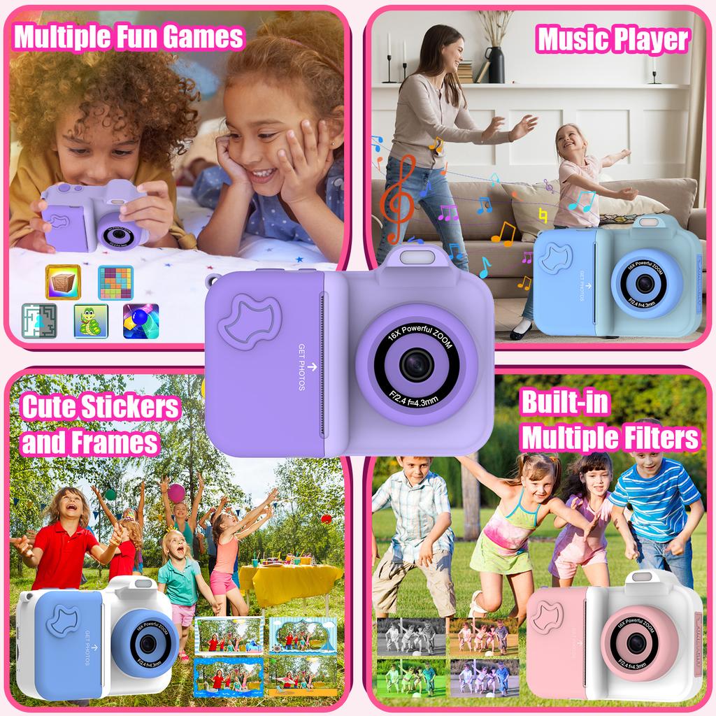 Instant Print Camera For Kids Mini Digital Video Camera Dual Lens Photo Printing Thermal Paper Toys Camera Boys Girls Gifts
