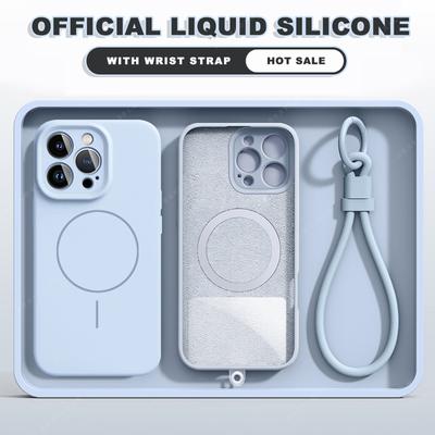 Liquid Silicone Magnetic Wrist Strap Phone Case For iPhone 16E 15 14 16 Plus 11 12 13 16 Pro Max Magsafe Lanyard Protector Cover