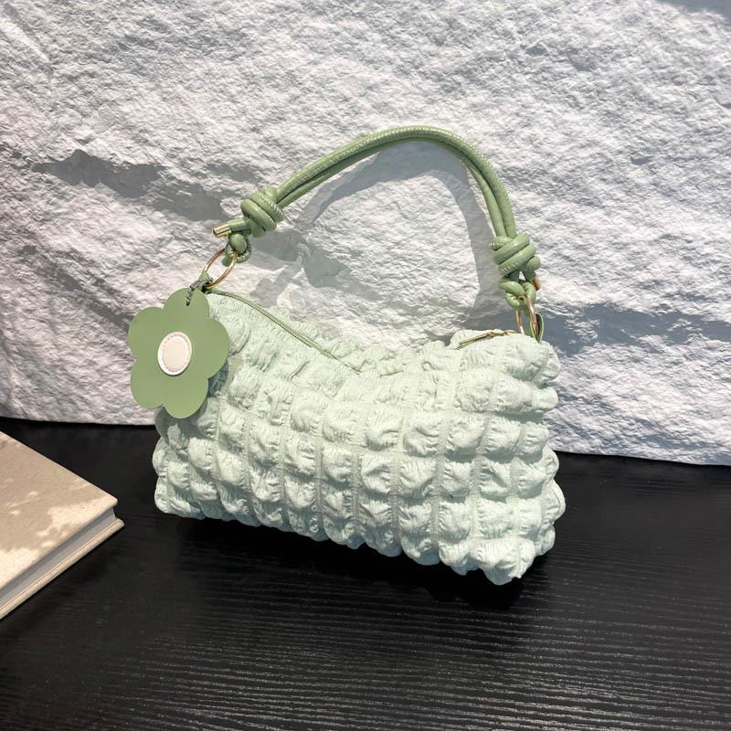Women's Bubble Texture Round Cylinder Bag, Korean Style Floral Shoulder Handbag, Soft Lunch Tote with Zipper Closure
