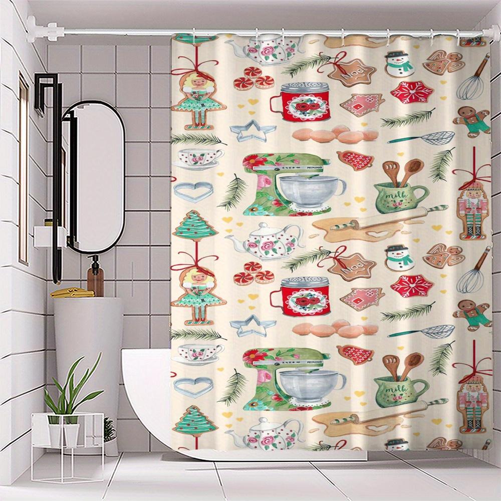 Christmas Digital Print Shower Curtain, Machine Washable, Cartoon Animal Pattern, All-Season Holiday Decor