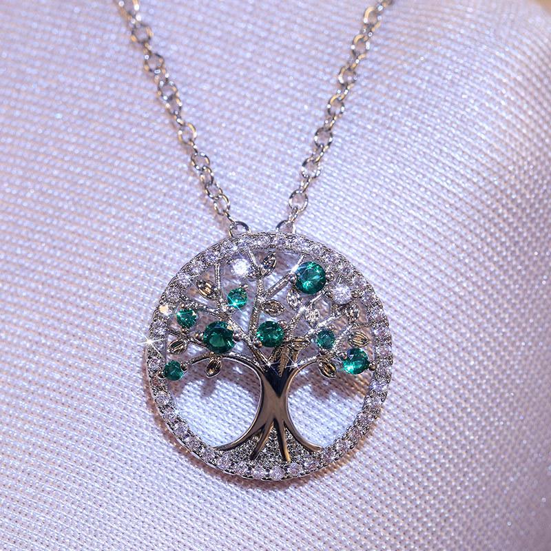 Silver Plated Tree of Life CZ Pendant Necklace, Colorful Crystal Halo Cable Chain Necklace for Women