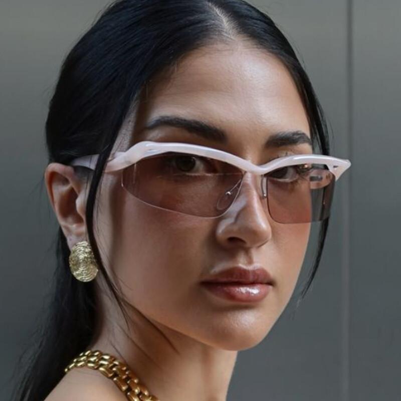 Attractive Glasses Women's Black/Pink Half Frame Cat Eye Trendy Sunglasses 2025 Luxury Brand Designer Rimless Shield Shades Sun Glasses For Men