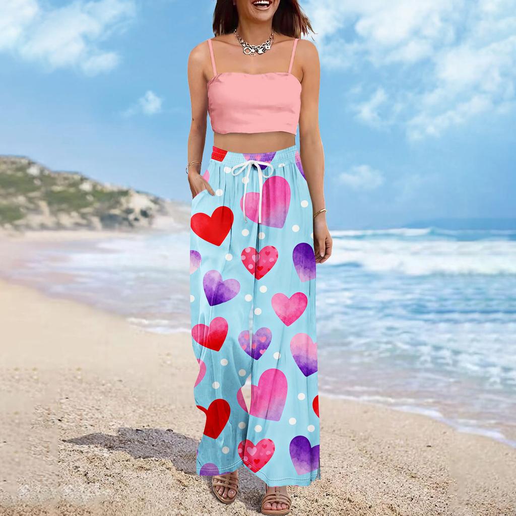 Pantaloni largi cu talie înaltă pentru femei, stil boho de vară, stil palazzo, cu imprimeu, casual, cu buzunare