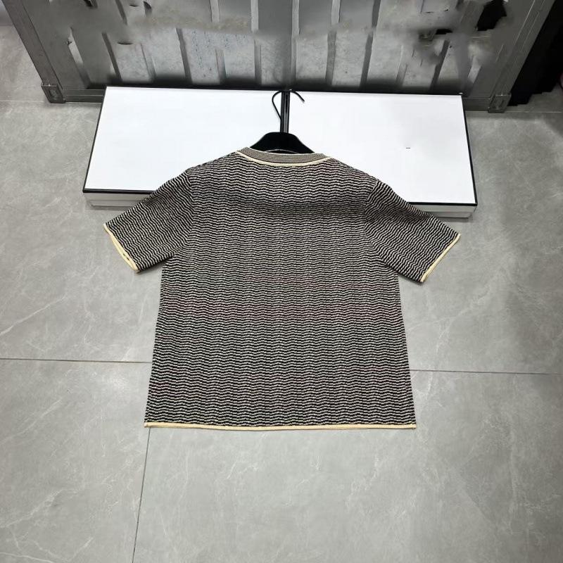 European Style Striped Knit Round Neck Short Sleeve Casual Top