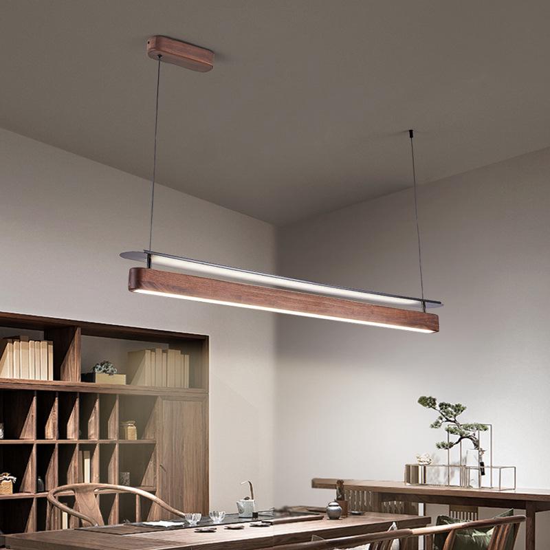 Minimalist North American Black Walnut Chandelier: Zen-Inspired Long Strip Lamp for Restaurants and Bars