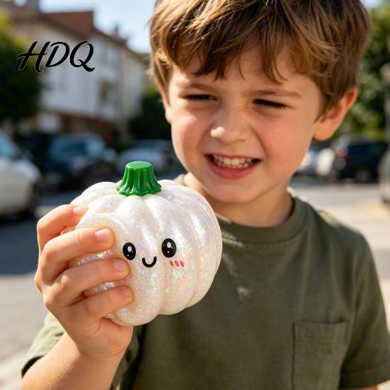 Soft TPR Stress Ball Halloween Pumpkin Squeeze Ball Golden Glitter Fidget Toy Medium Size for Kids Adults Slow Rising Decompression Toy Party Gift