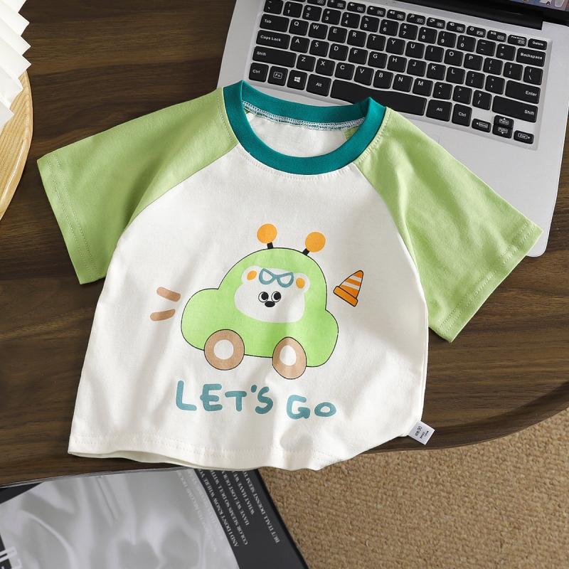 Summer Kids Tees Muslin Cartoon Printed Infant Babys Boys T-shirts Striped Short Sleeve Little Boys Tops Girls Shirts