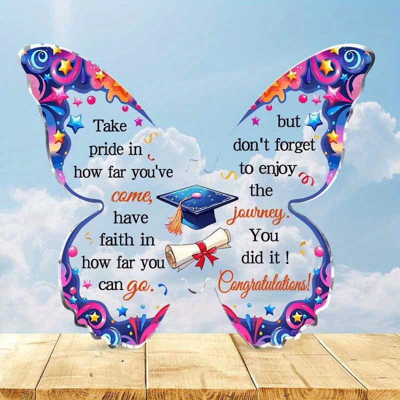 Butterfly Shaped Graduation Gift, Bohemian Style Acrylic Decorative Plaque & Statues, Unique Blue Graduation Cap Design, Home Party Decor, Ideal for 10*8.5cm