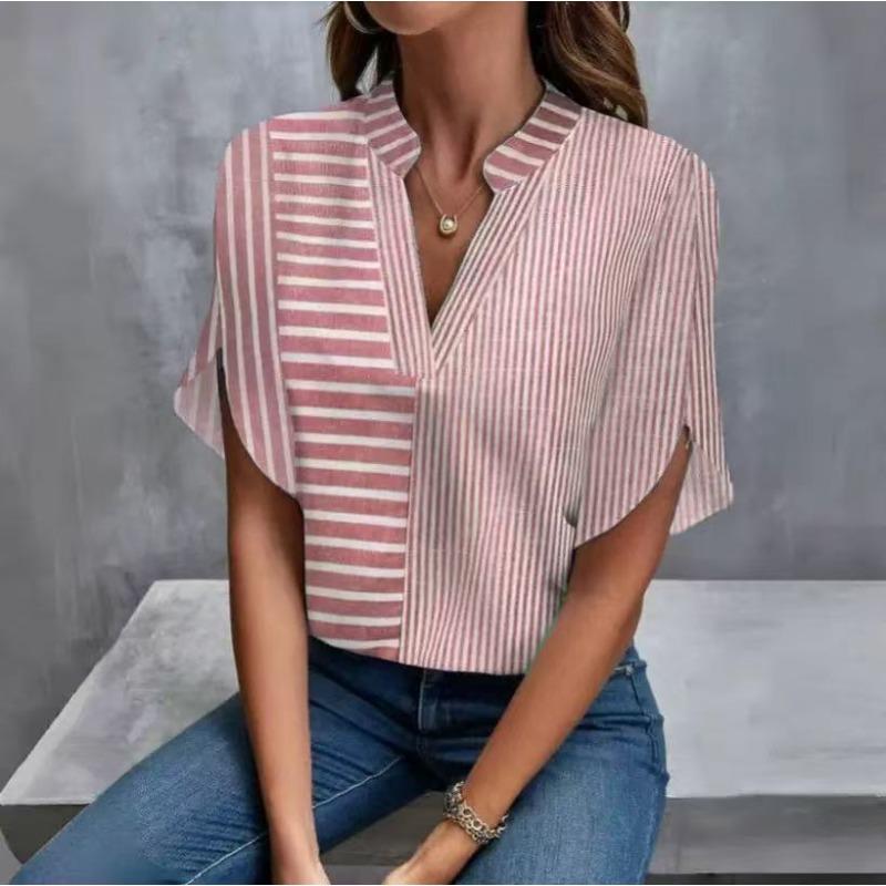 EastRogue  Women's Fashion Casual Summer Solid Color Print Short Sleeve V-Neck Blouses & Shirts
