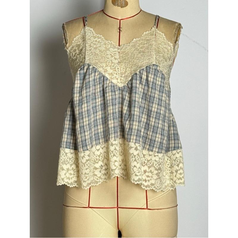 Womens Lace Plaid Patchwork Cami Top V Neck Spaghetti Strap Casual Sleeveless Blouse