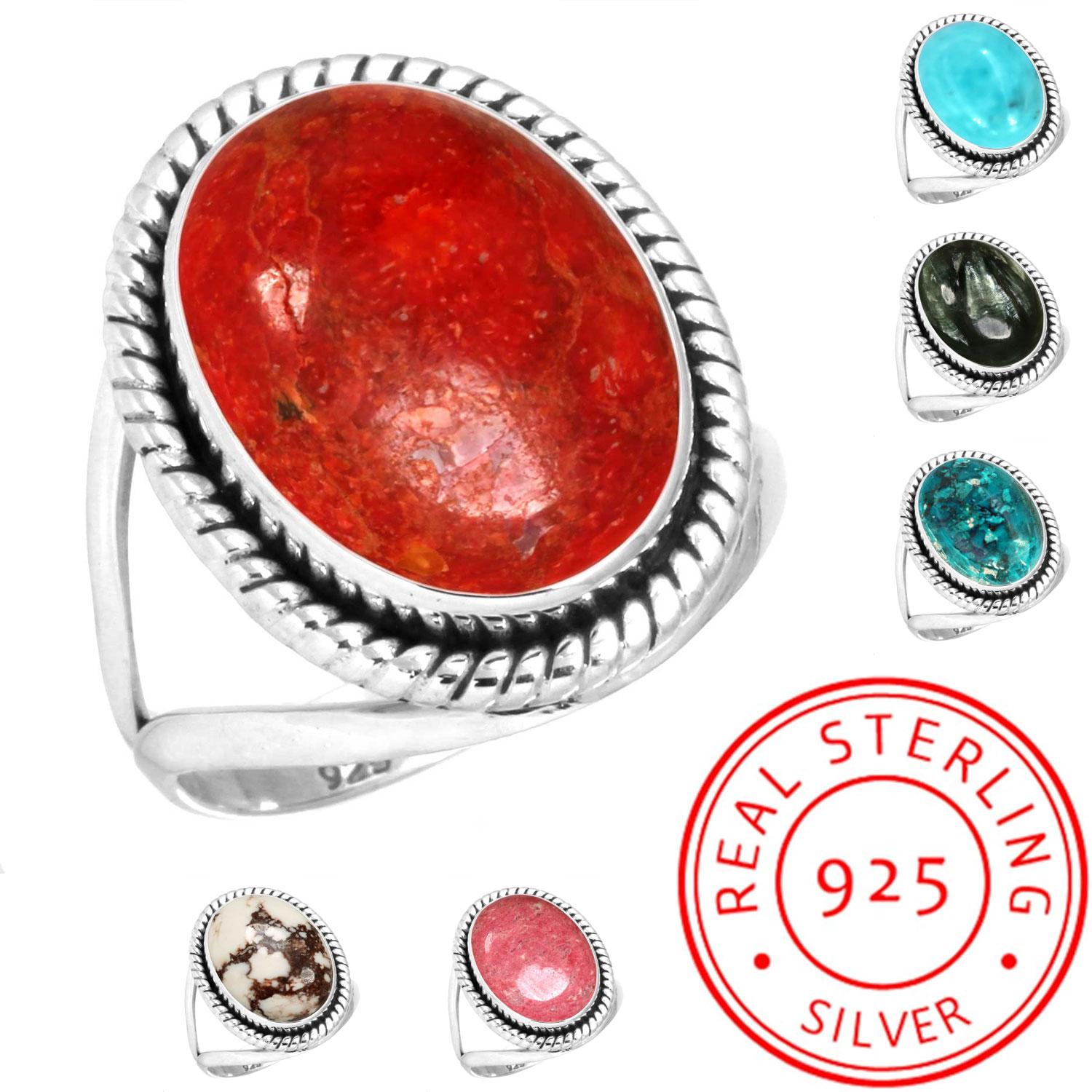 

925 Sterling Silver Ring Women Gemstone Handmade Jewelry Anniversary Gift Smithsonite Sponge Coral Seraphinite Shattuckite Thulith Wild Horse Boho 7