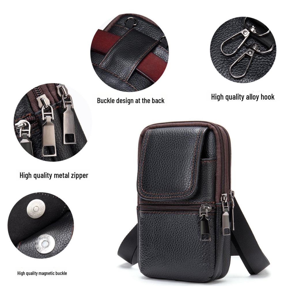 "Men's Outdoor Genuine Leather Waist Bag and Shoulder Bag for Mobile Phones"