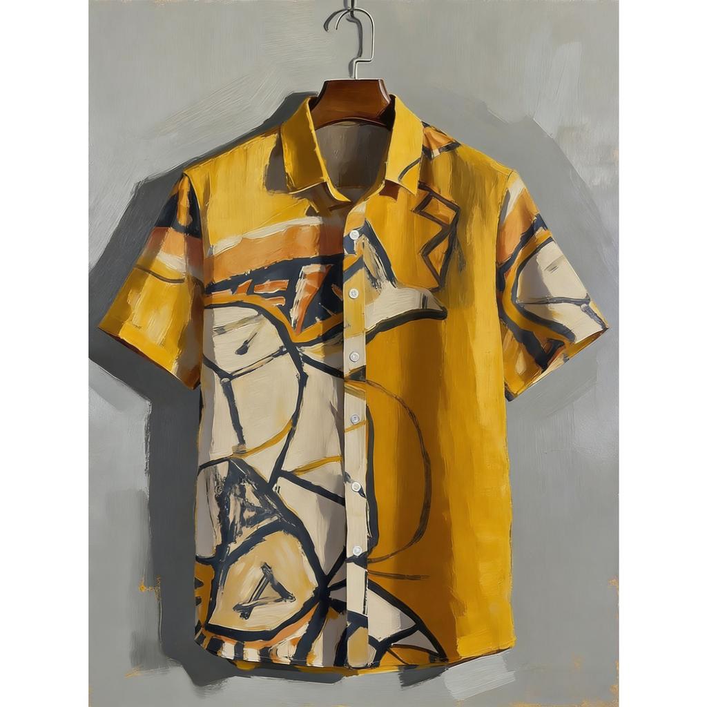 Men's Linen Short Sleeve Shirt Fun Abstract Pattern Printed Shirt Hawaiian Vacation Outdoor Social Fishing Clothing for Men