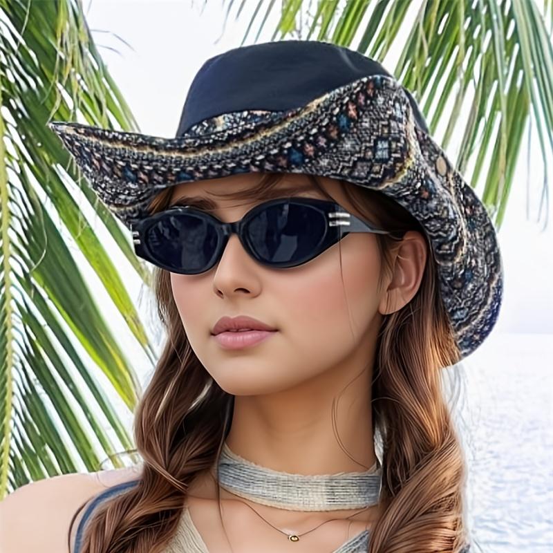 2-Way Adjustable Women's Bohemian Embroidered Sun Hat - Wide Brim Windproof Fisherman Hat with Vibrant Geometric Patterns, All-Season Outdoor Travel