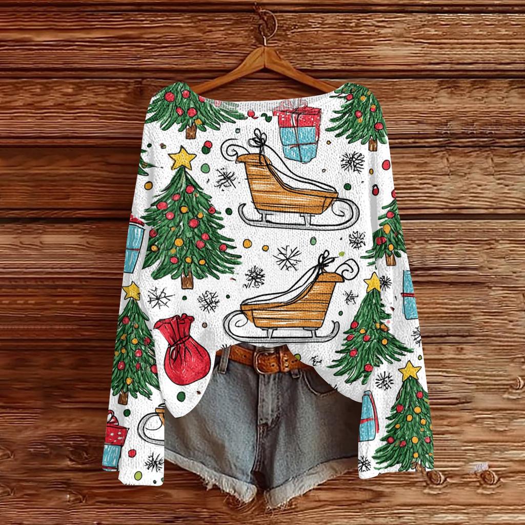 Women's Christmas Print Lightweight Sweater Long Sleeve Casual Knit Pullover Top for Holiday
