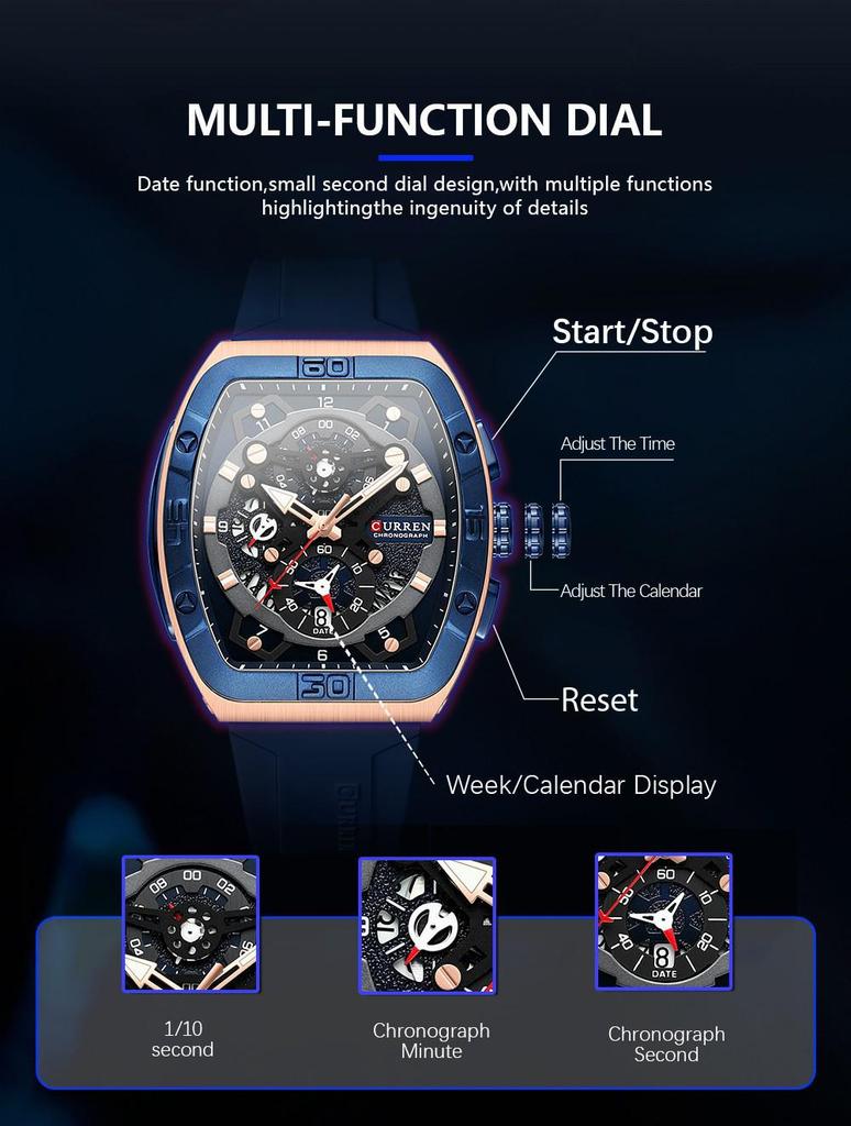 CURREN 8443 Wasserdichte Herren-Quarz-Multifunktionsuhr mit Sechs-Zeiger-Design und Tonnenform