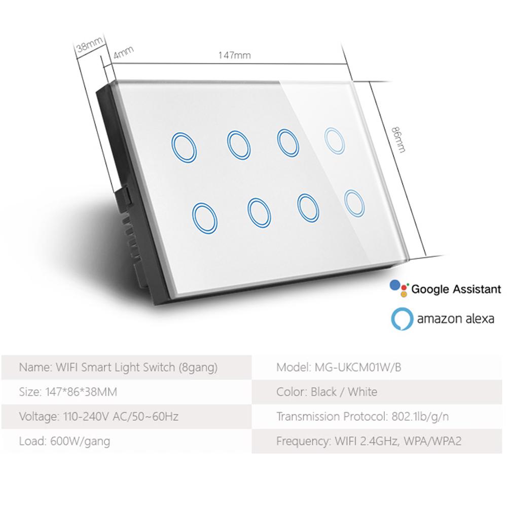 WLAN Smart Touch Licht Wandschalter Interruptor Glaspanel 8-fach 147*86mm Tuya App SmartLife Kompatibel mit Alexa Google Home
