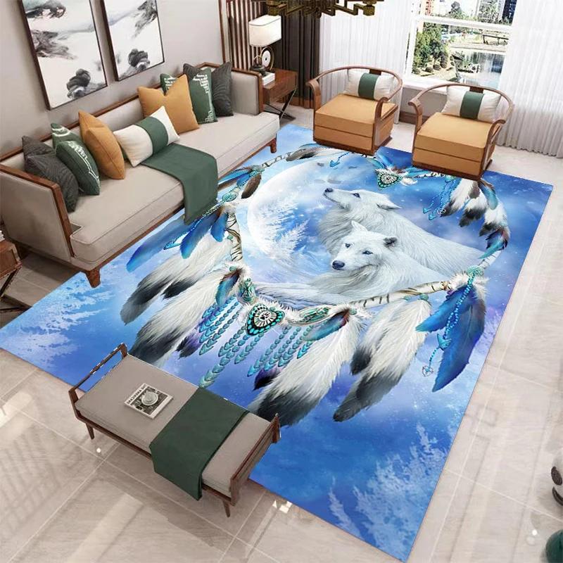 Wolf Carpet Wild Animal Doormat Bohemia Style Dreamcatcher Area Rug for Living Room Bathroom Decor Woodland Wildlife Floor Mat