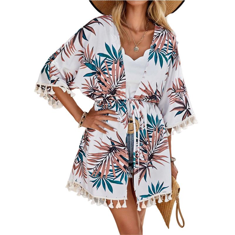 Summer Fashion Sun-protective Blouse with Floral Tassels and Drawstring for Women