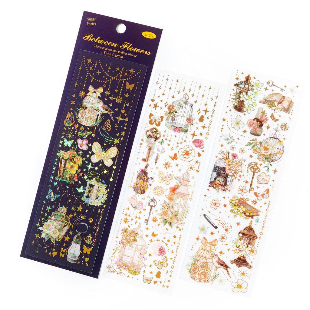 3D Gold Stamping Stickers - Retro Time Garden Series for Journals and DIY Projects (4 Types)