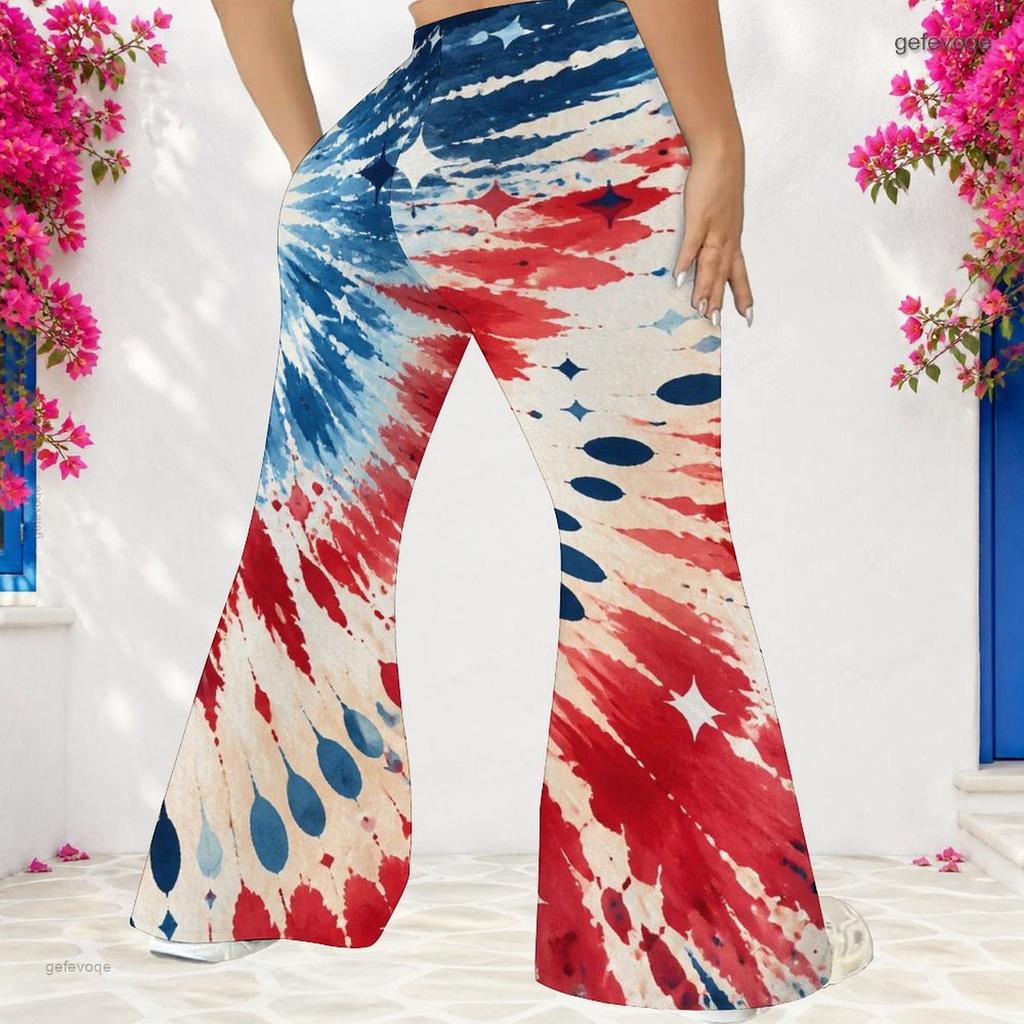 Women Plus Size High Waist Full Length Flared Pants Navy Blue Sparkle Starry Printed