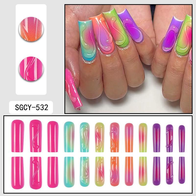 Colorful Rainbow Acrylic Nail Tips Set Sweet 3D Gradient Design Long Wearable Press-On Nails Women