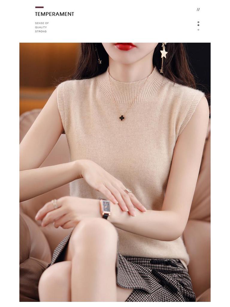 Women's Sleeveless High Neck Loose Knit Top - Black Autumn Base Layer