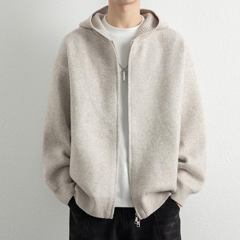 Legible Autumn Winter Casual Sweaters Men Solid Color Hooded Sweatercoats Male Loose Zip-up Knitted Cardigan Man
